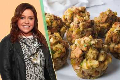 Rachael Ray next to a serving of stuffing muffins