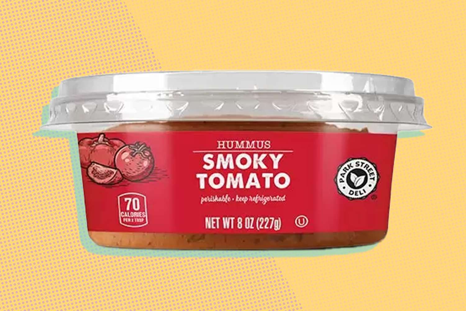 Park Street Deli Hummus packaging over a colorful background 