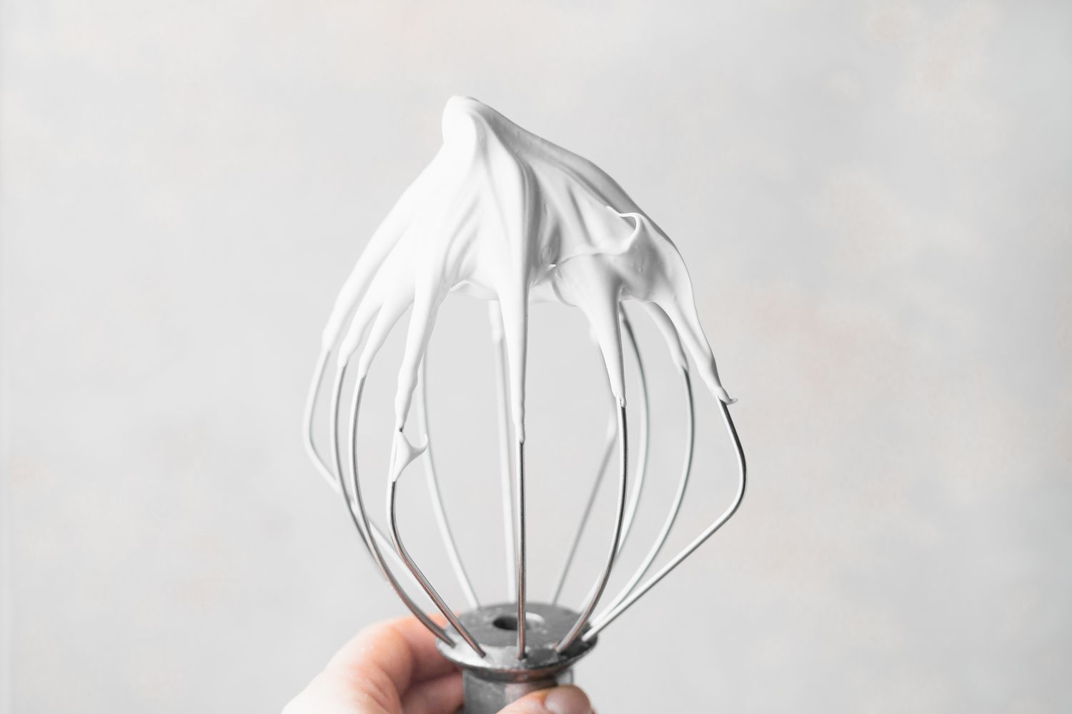 Meringue on a whisk to make chocolate macarons.