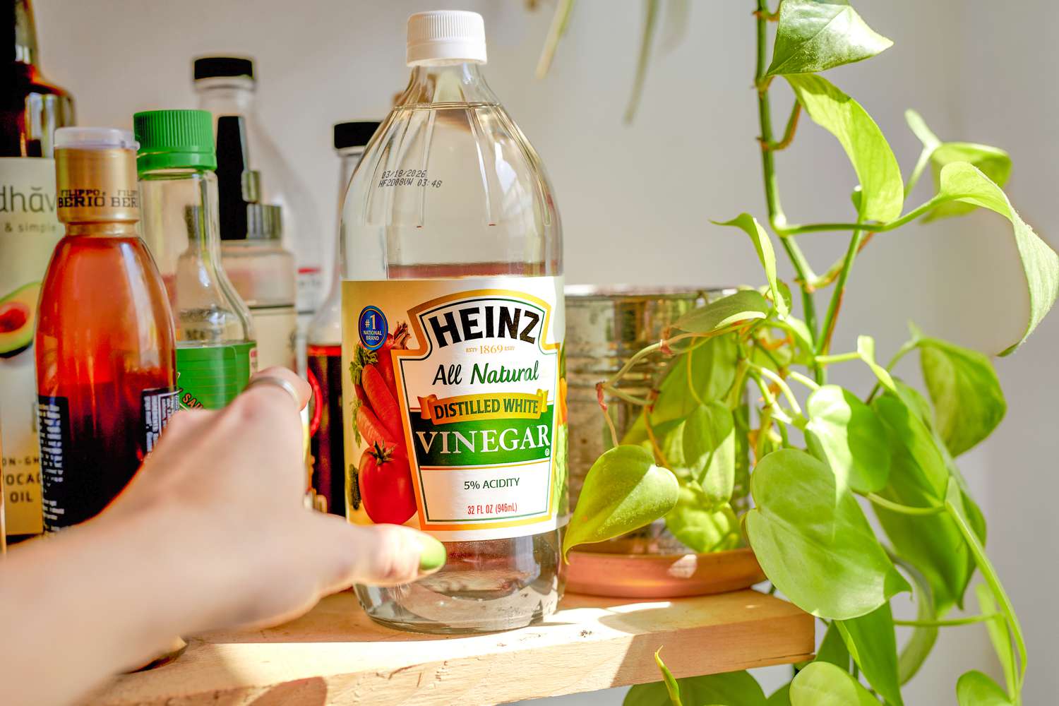 someone grabbing a bottle of Heinz distilled white vinegar