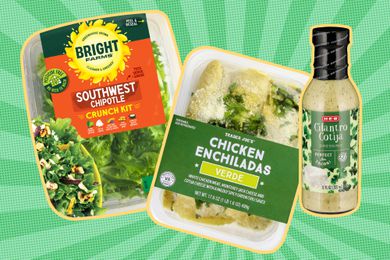 Bright Farms salad kit, Trader Joe's enchiladas, and salad dressing