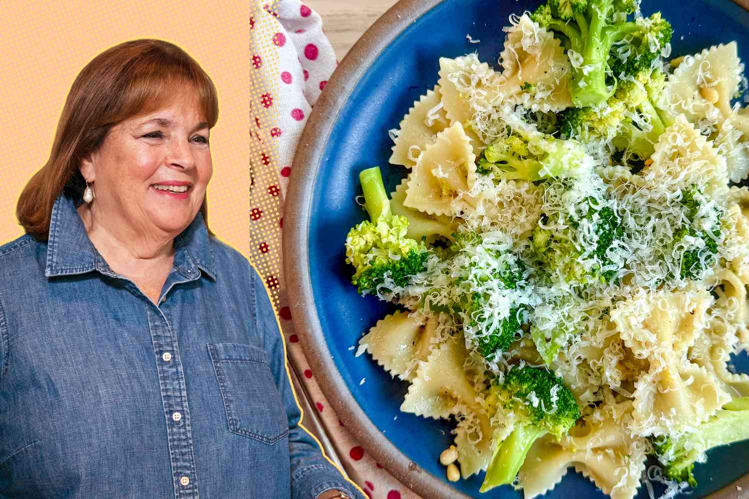 A split image of Ina Garten and a blue plate with her broccoli pasta recipe