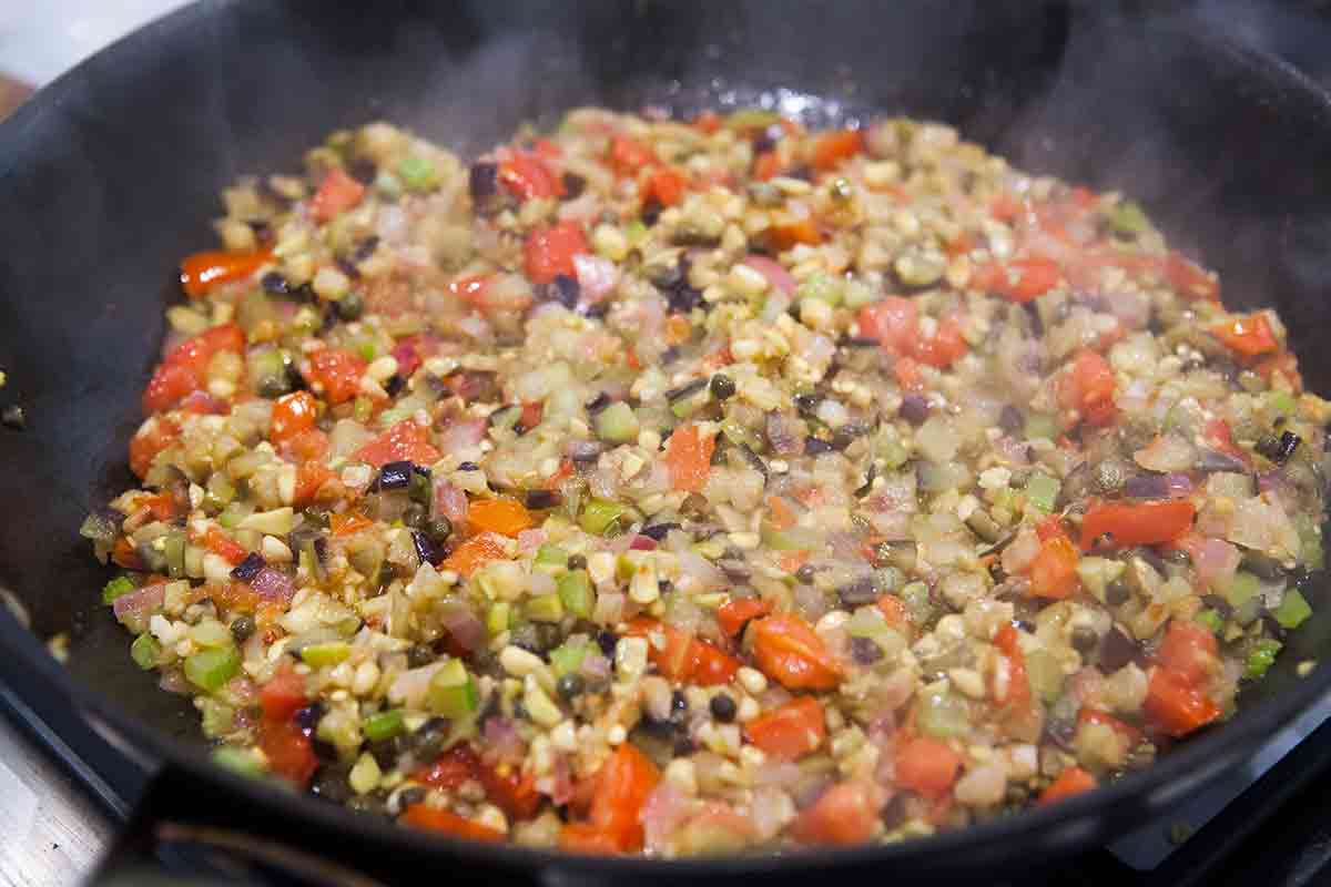 cook eggplant caponata on the stovetop