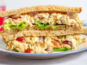 Chicken Salad with Grapes sandwich cut in half