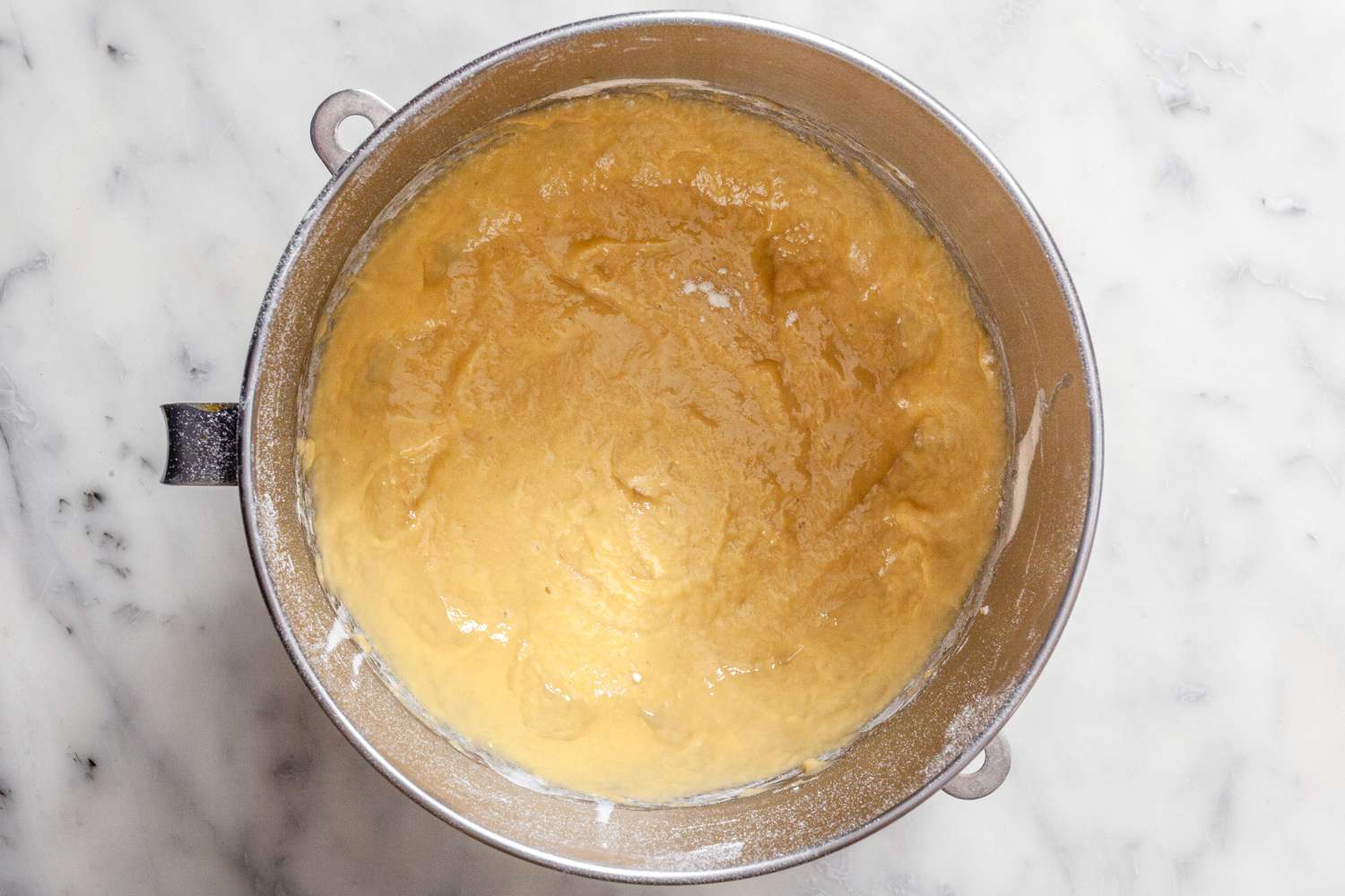 Flour Slowly Added to Mixer Bowl for Cinnamon Swirl Raisin Brioche Recipe