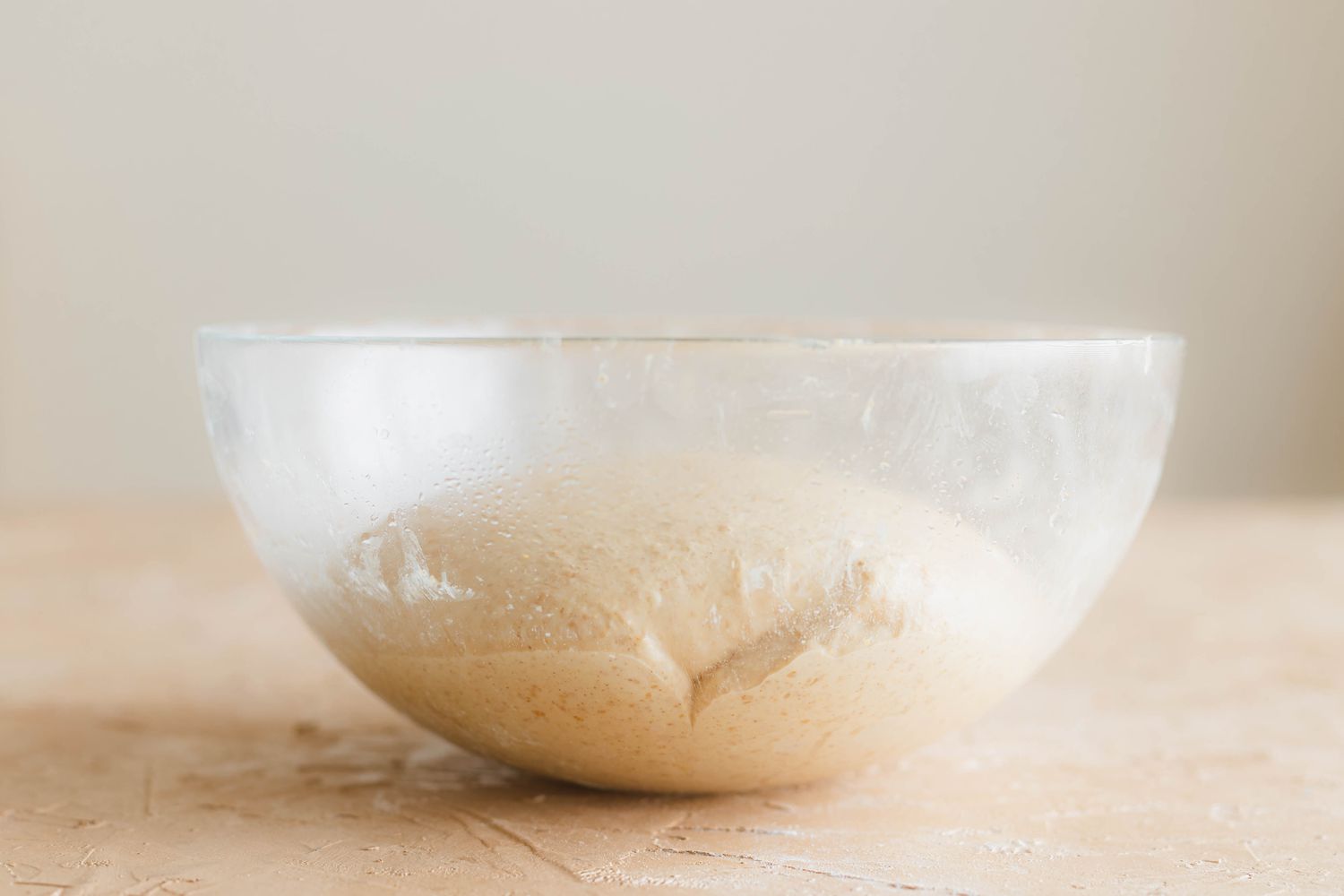 Dough for spiced sourdough bread shaped like a pumpkin rising in a glass bowl.