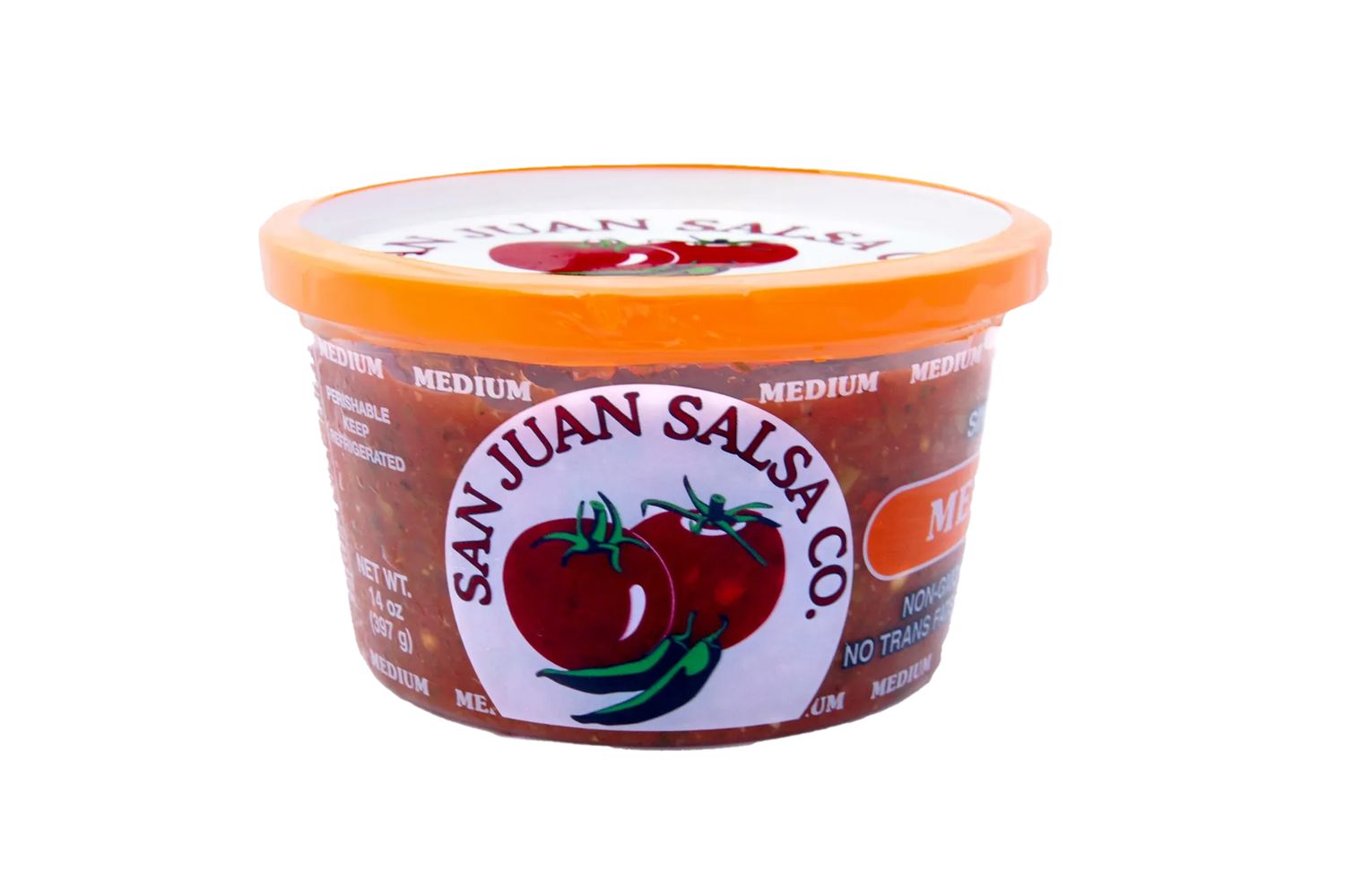 San Juan Salsa Co. container labeled medium