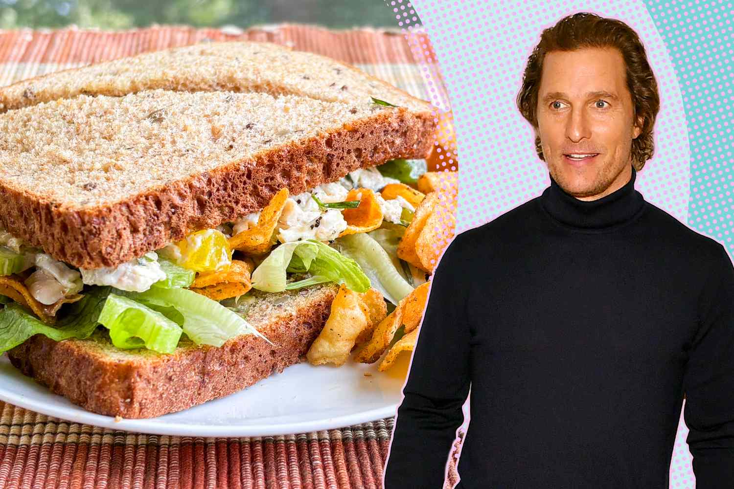 Matthew McConaughey next to a chicken salad sandwich