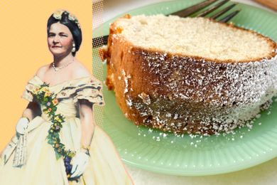 Mary Todd Lincoln depicted alongside an almond cake slice on a green plate