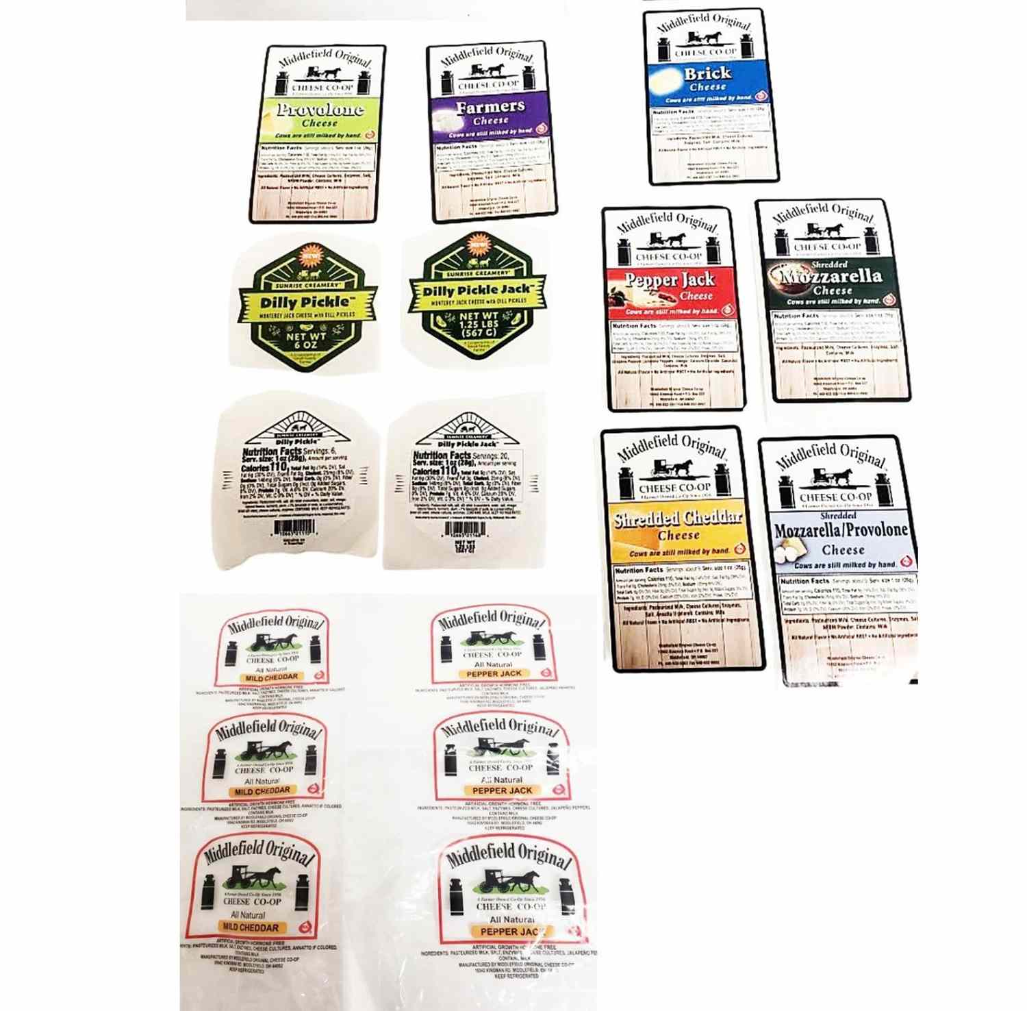 Various cheese product labels displayed in a grid arrangement