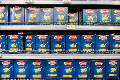 Barilla pasta boxes on grocery store shelves