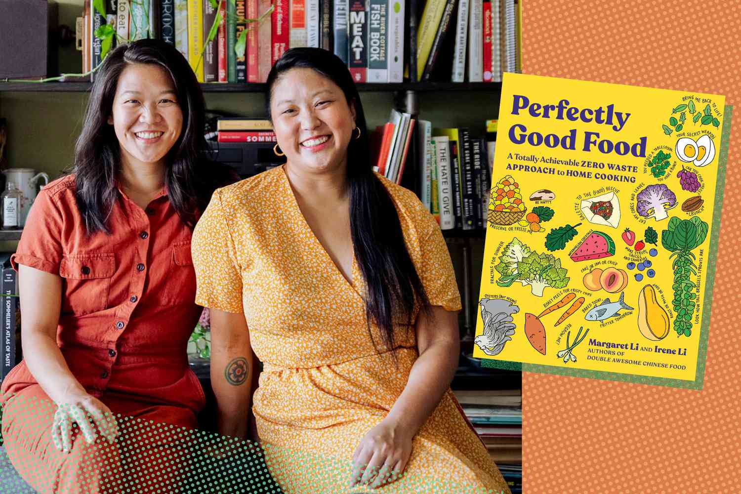 A photocollage of authors Margaret and Irene Li with a cover of their cookbook "Perfectly Good Food"