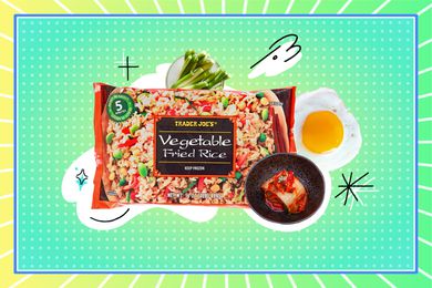 Trader Joe's vegetable fried rice with kimchi and fried egg