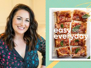 A woman alongside the cover of the cookbook titled 'easy everyday' by Jessica Merchant
