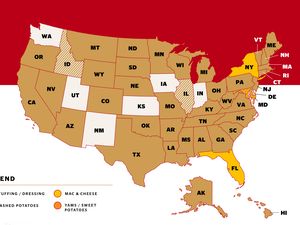 Map of the United States showing the favorite Thanksgiving side dishes by state with a legend
