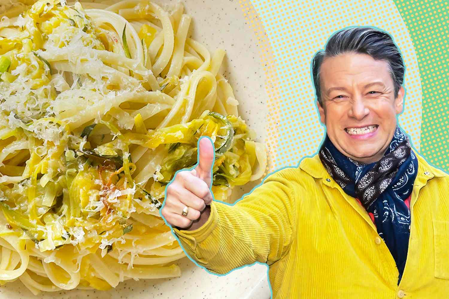 Jamie Oliver 5-Ingredient Summer Pasta and a portrait of Jamie Oliver