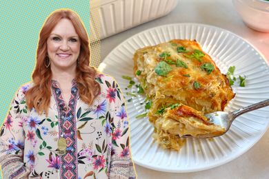 Ree Drummond next to a plate of chicken enchilada casserole