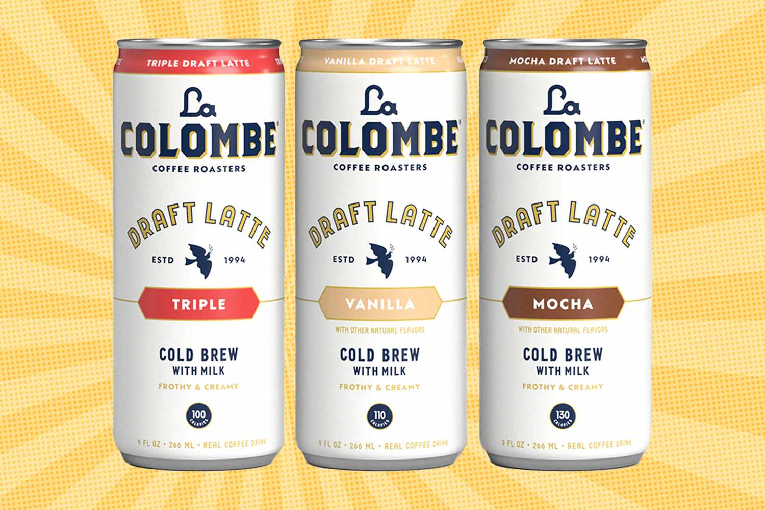 Three cans of La Colombe Draft Latte in Triple, Vanilla, and Mocha flavors