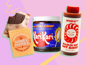 An image of three products on a colorful background: Honey Mama's Sesame Citrus truffle bar, Kari Kari chili crisp, and Woon Mama's Way hot sauce
