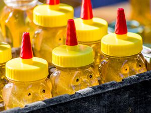 crate filled with jars of honey