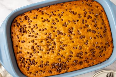 Pumpkin chocolate chip cake in a baking dish