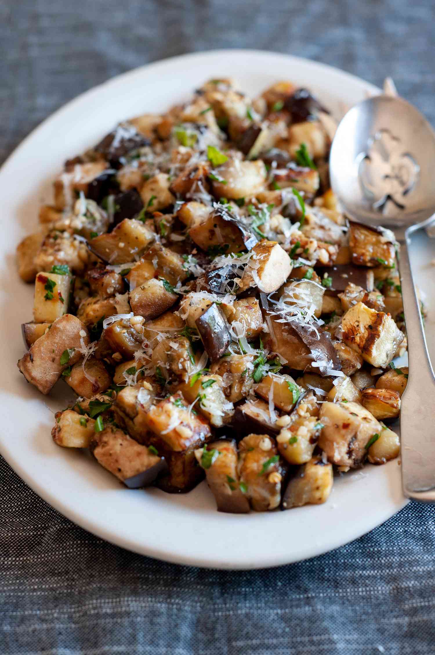 Sautéed Eggplant with Garlic and Parmesan on a Platter