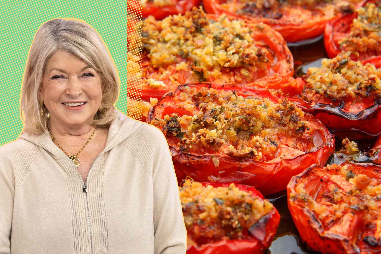 martha stewart cut out over a green background next to a photo of broiled tomatoes