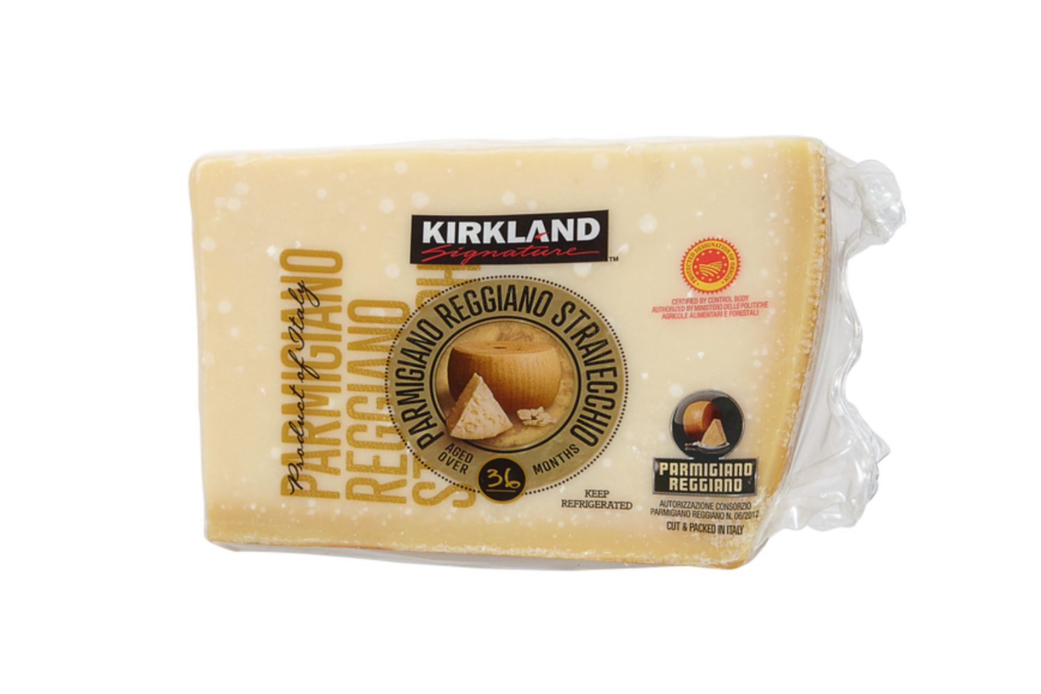 A wedge of Kirkland Signature Parmigiano Reggiano cheese in its packaging