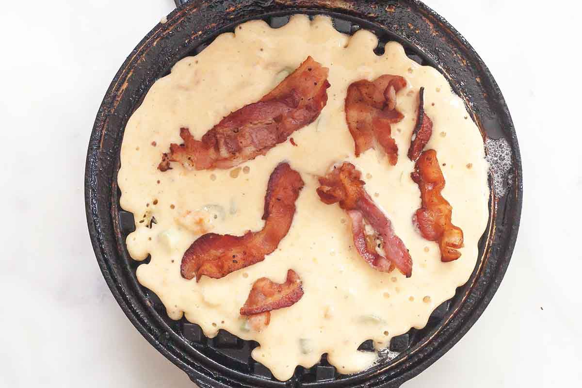 Sweet Potato Waffles with Bacon, Scallions and Fried Eggs