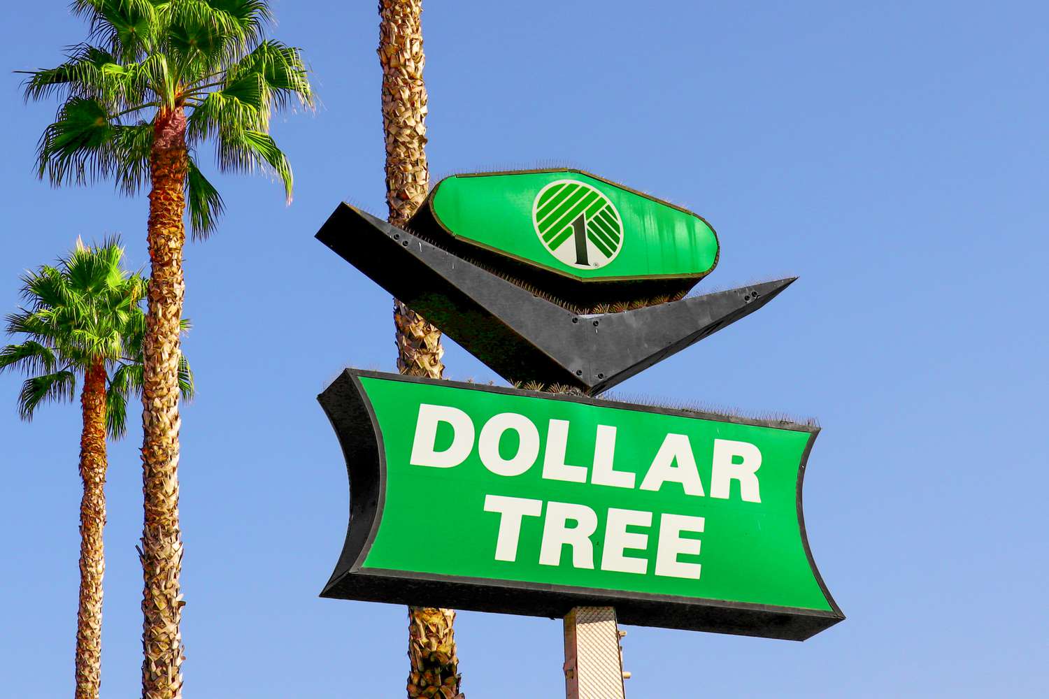 Dollar Tree store stand-alone sign with palm trees and blue sky in the background