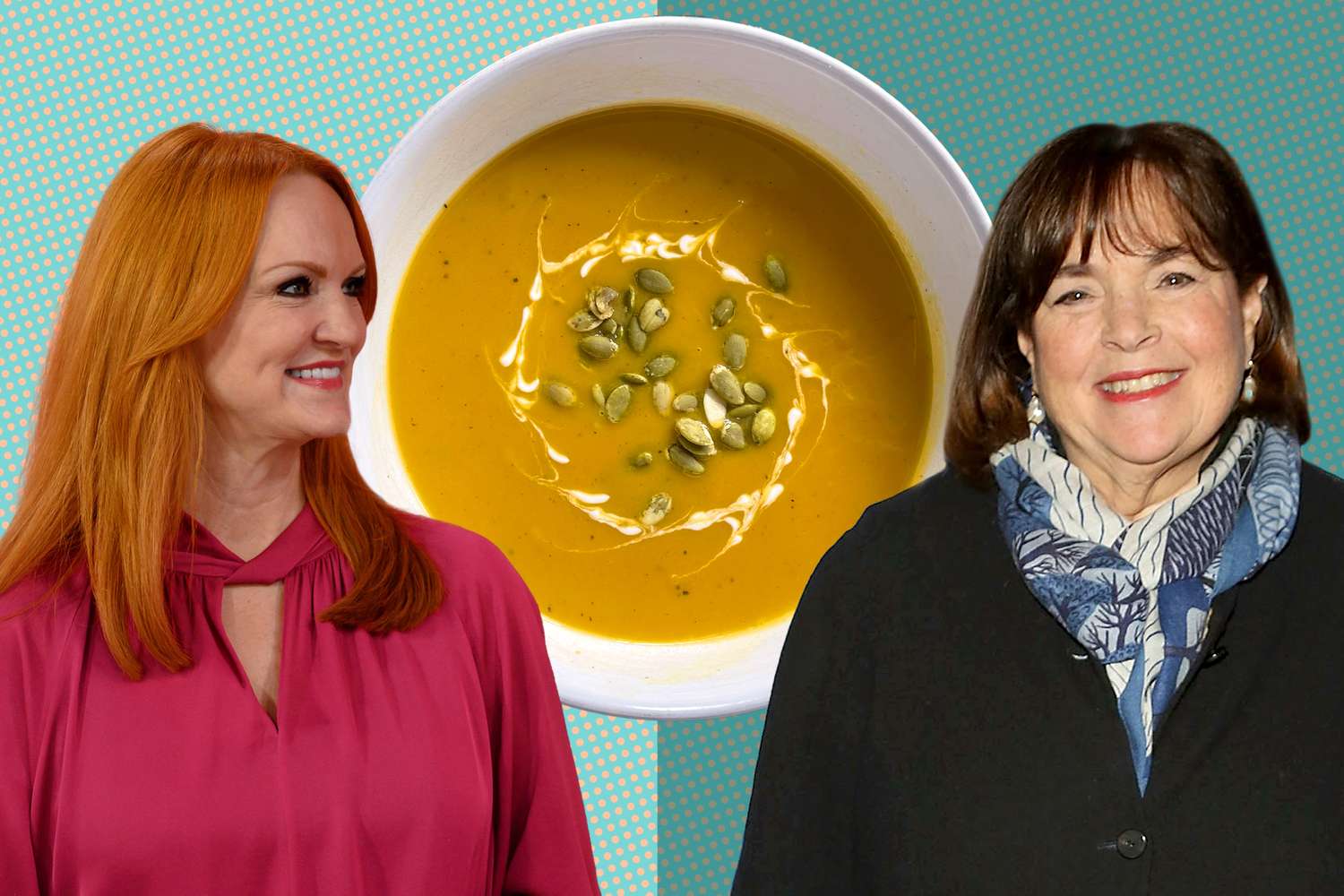 Ina Garten and Ree Drummond with a bowl of butternut squash soup in the background