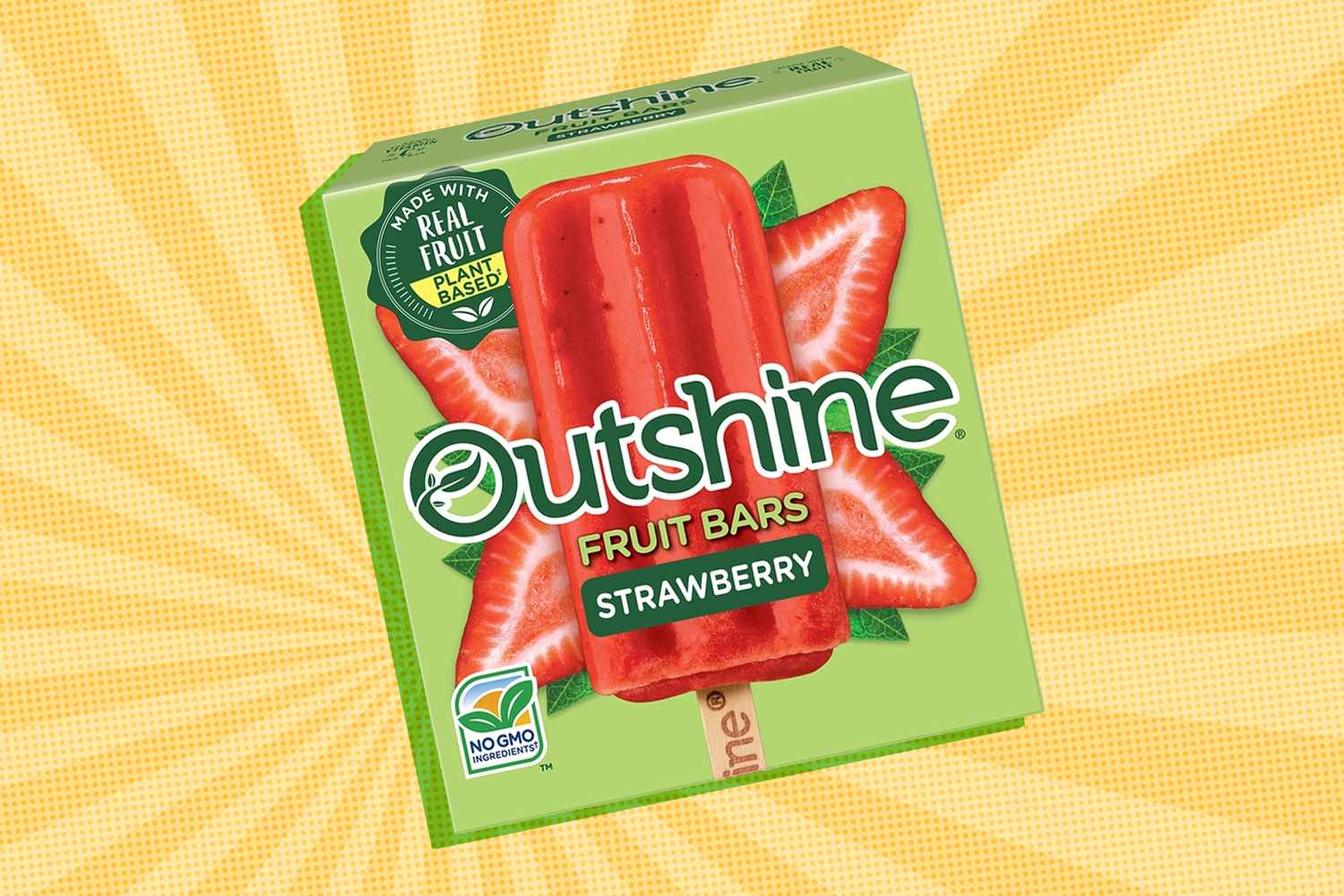 Box of Outshine Strawberry Fruit Bars on a yellow background, showing the packaging and a popsicle