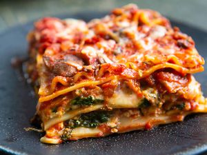 A slice of vegetarian lasagna on a plate