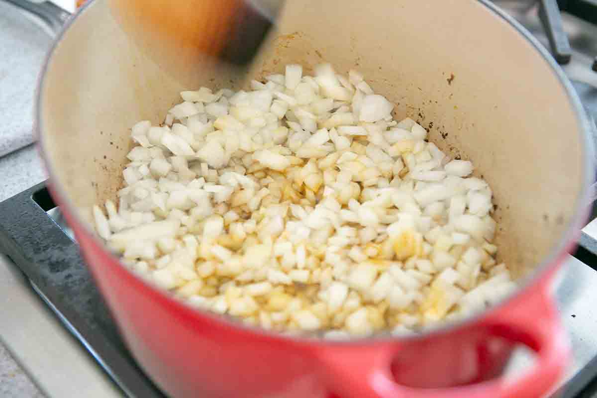 sauté onions in pot for short rib stew