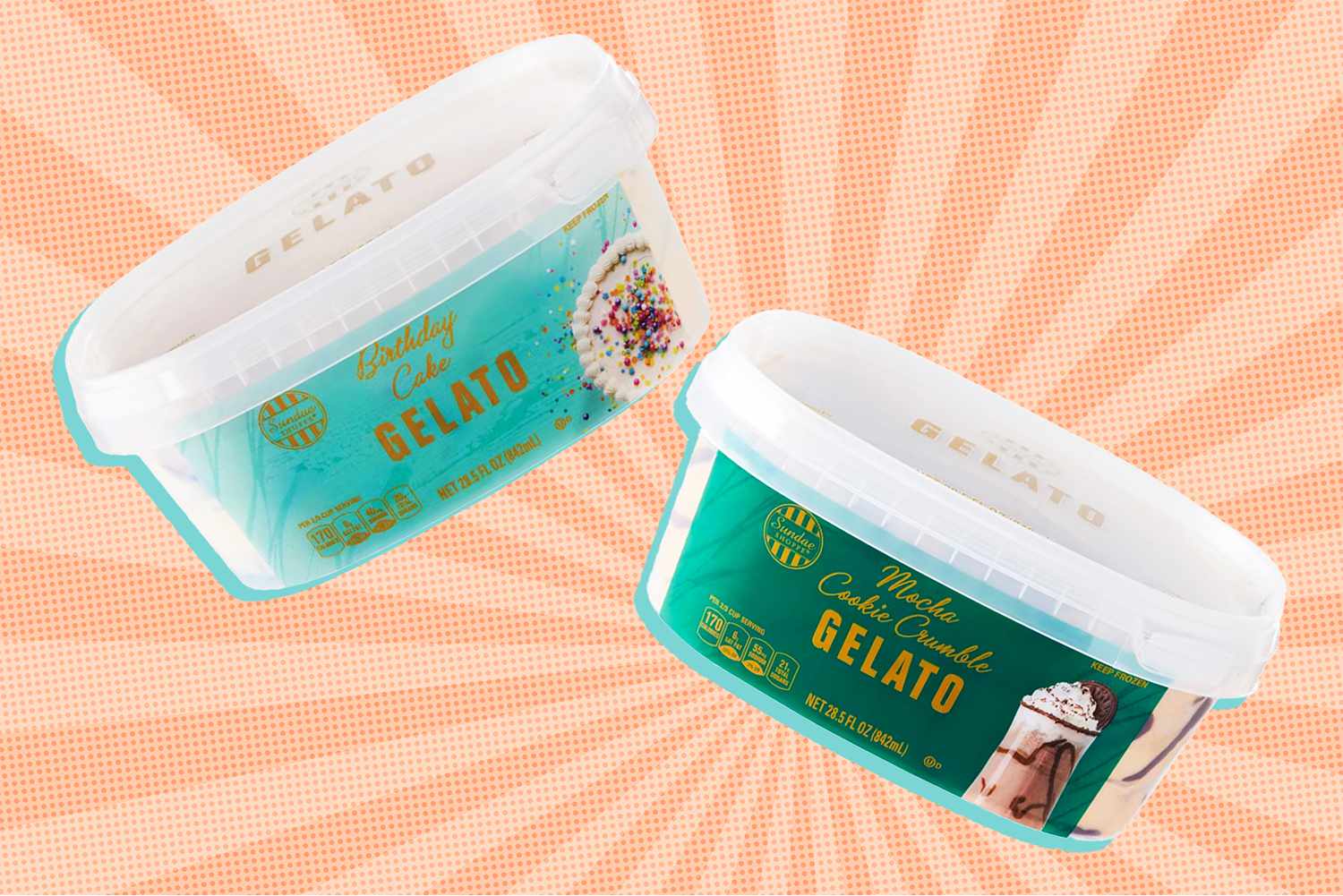 Two gelato containers with celebratory decoration and flavor labels
