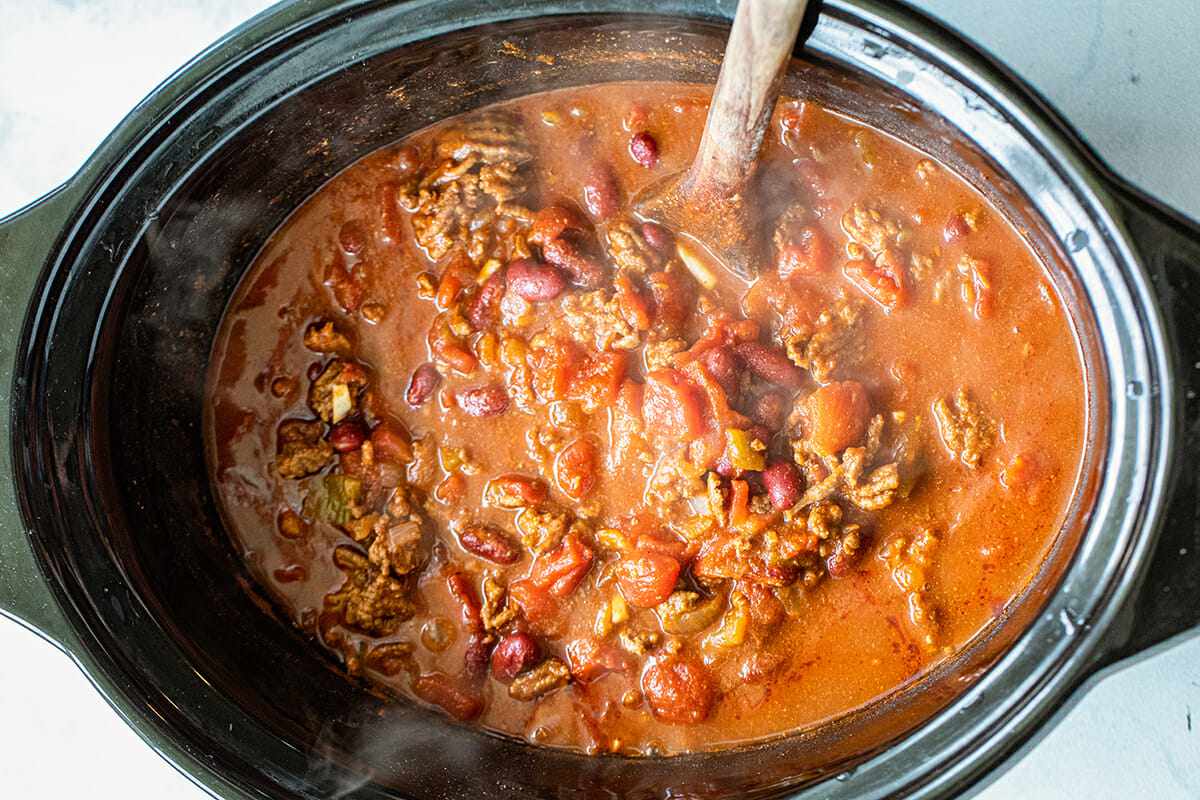 A crock pot filled with the Best Slow Cooker Chili.