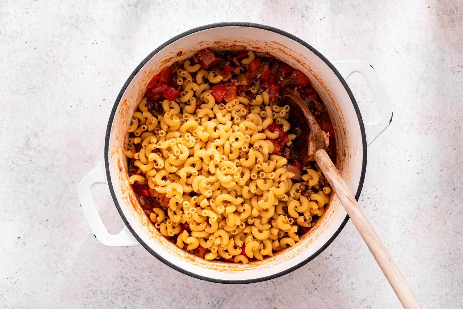 Dry Elbow Pasta Added to Pot With the Rest of the Ingredients