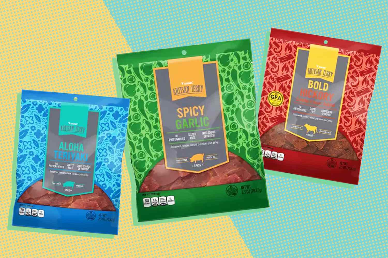 Simm's Beef Jerky packets over a colorful background