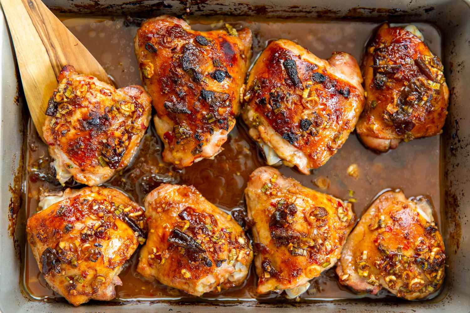 Retro Plum Jam Chicken thighs in a baking tin