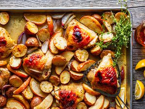 Sheet Pan Honey Roasted Chicken Thighs with Baby Potatoes, Apples, Shallots, and Thyme
