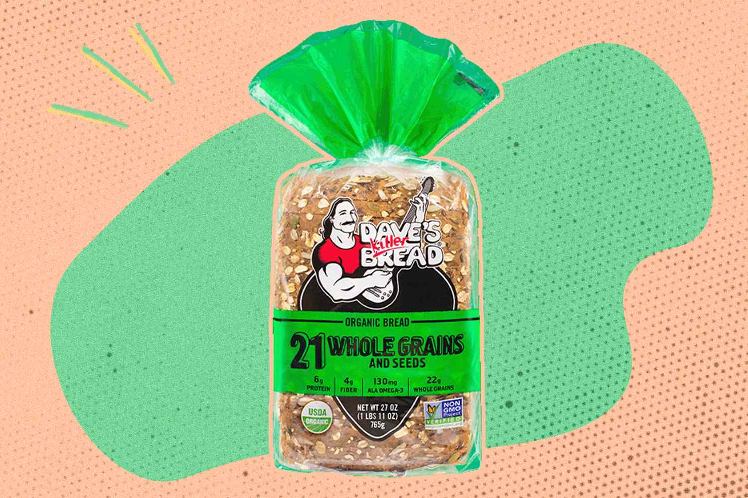 A loaf of Daves Killer Bread labeled 21 Whole Grains and Seeds in its packaging