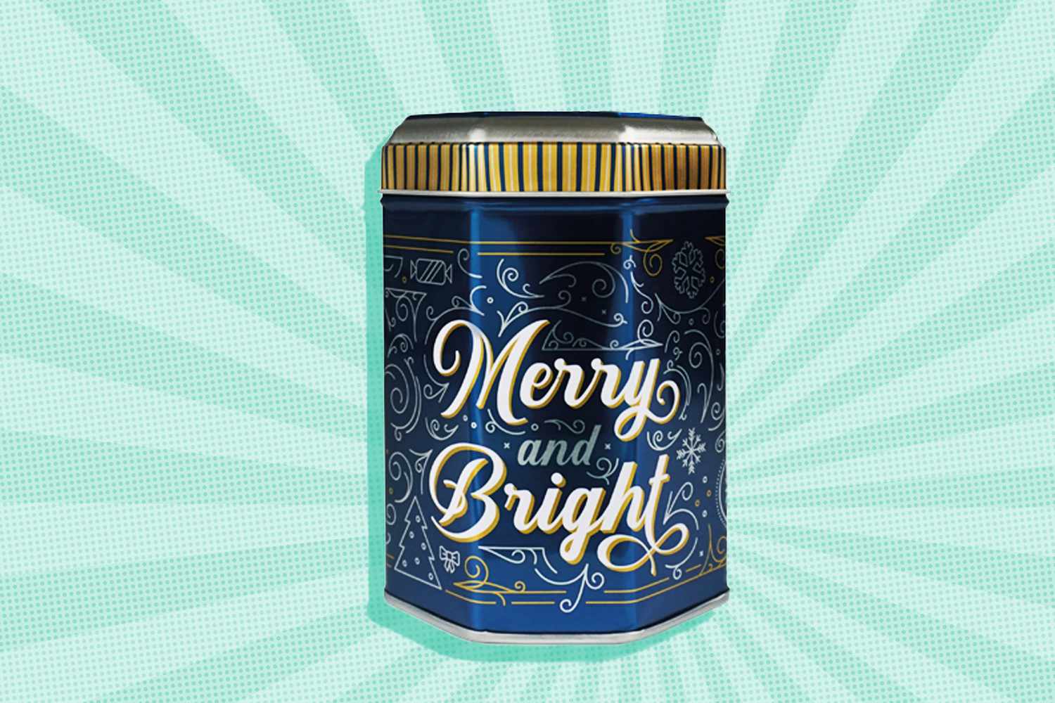 blue hexagonal holiday tin that reads, "Merry and Bright"