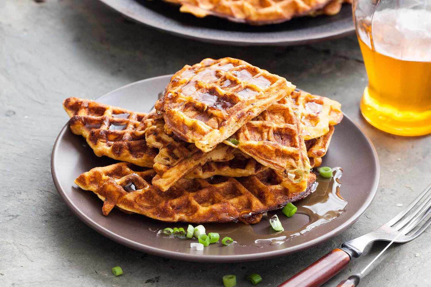Sweet Potato Waffles with Bacon, Scallions and Fried Eggs