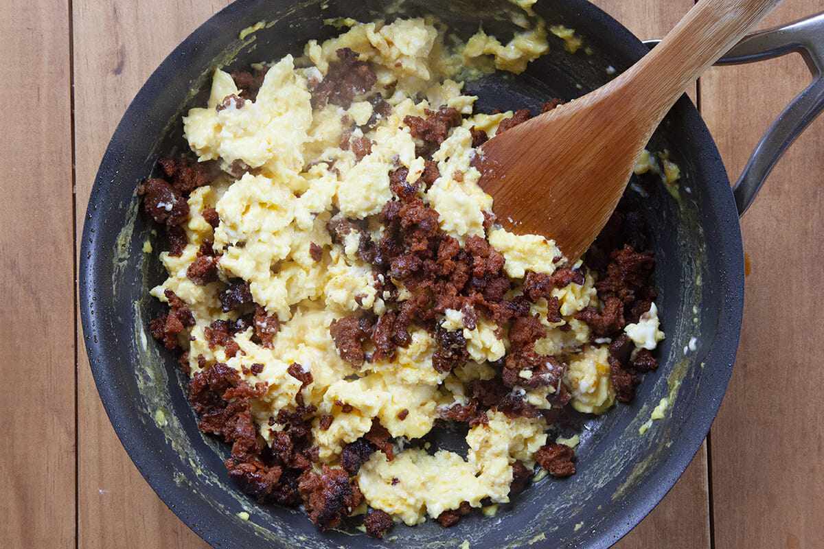 Breakfast Taco Recipe with Chorizo and Eggs add sausage to the eggs