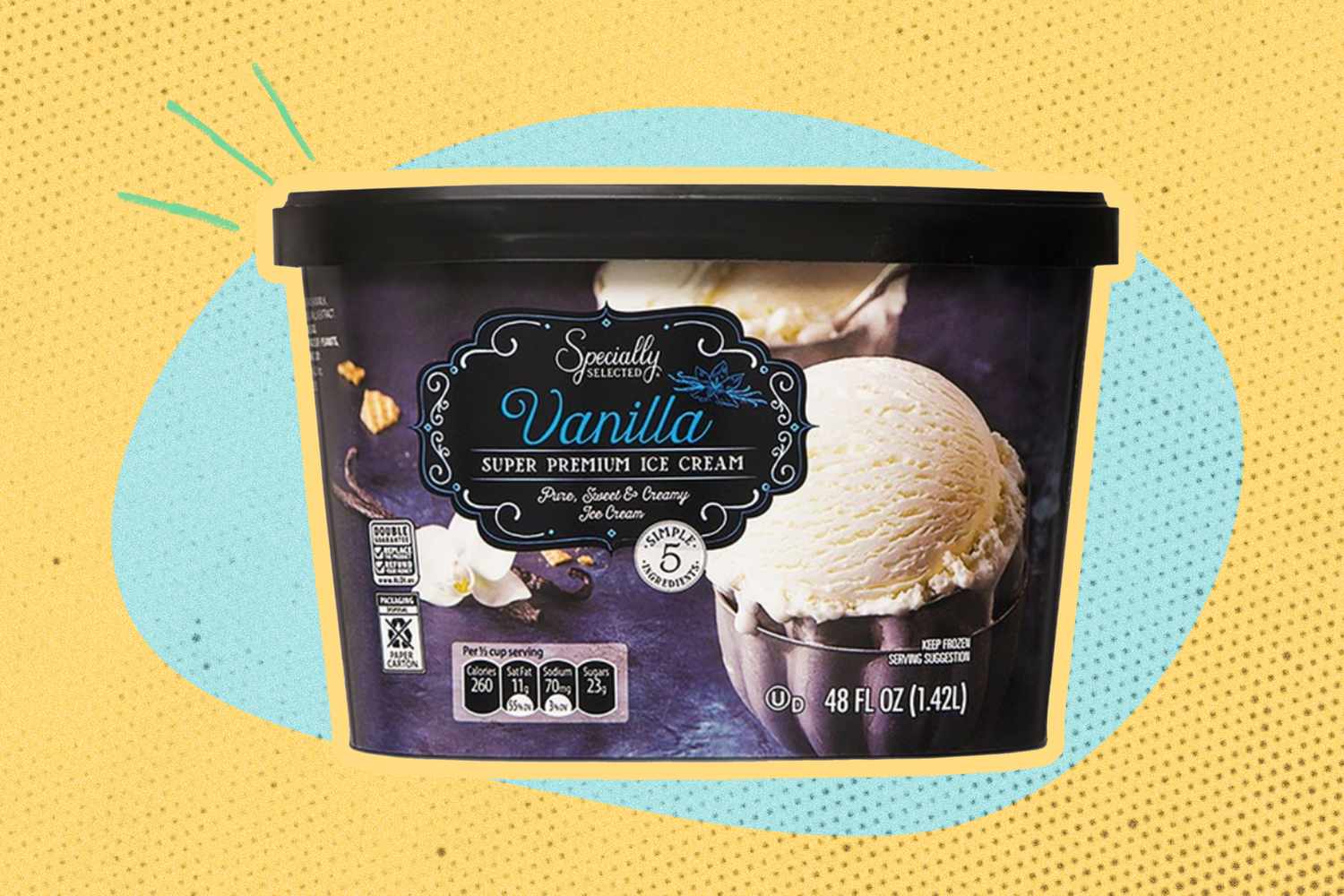 aldi specially selected vanilla ice cream tub over a colorful background