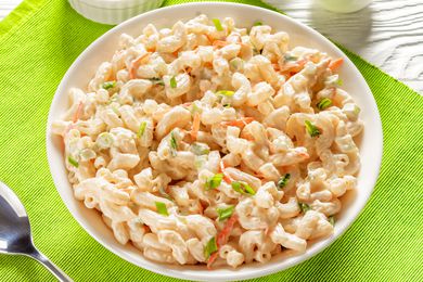 Macaroni Salad in a white bowl