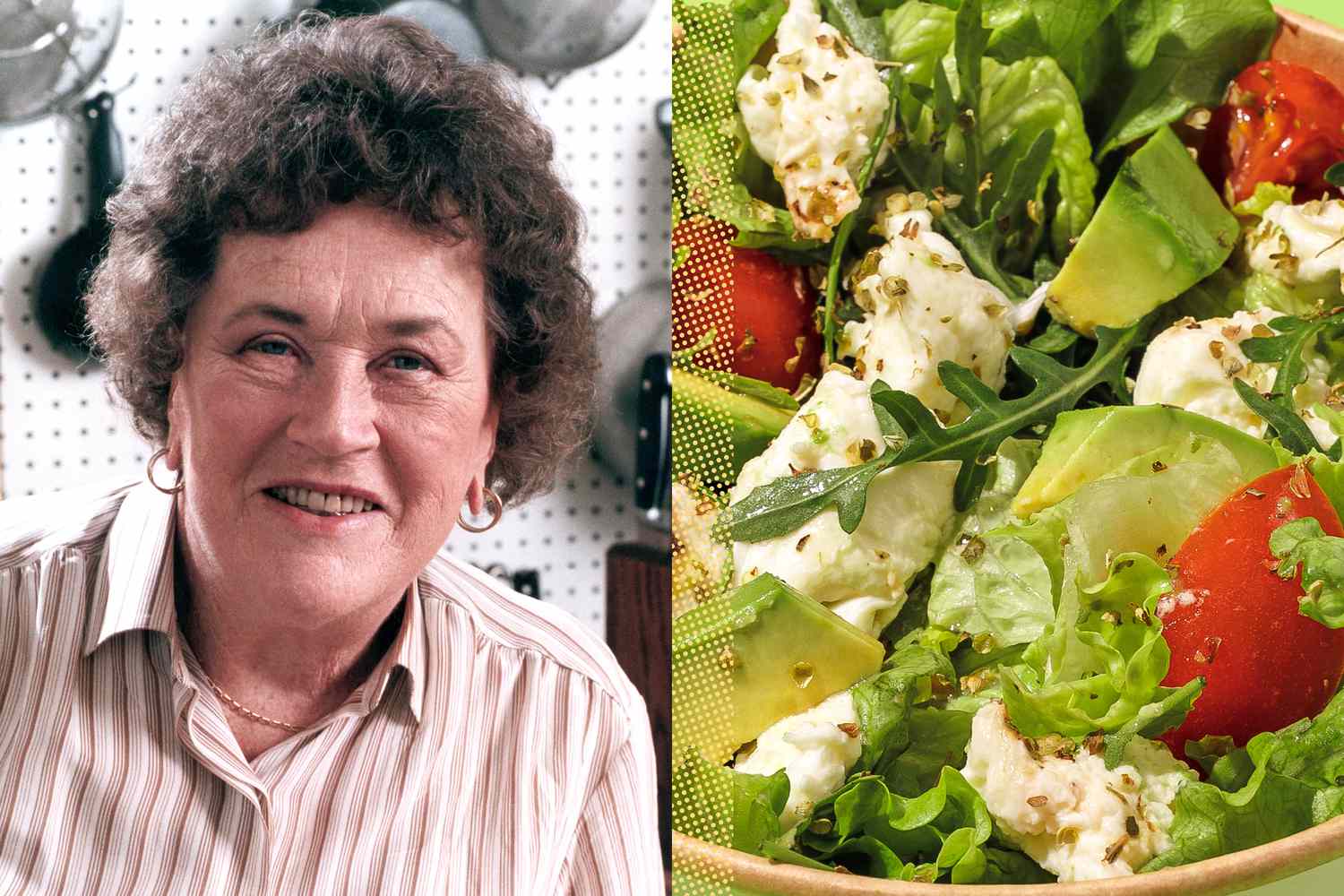 Julia Child next to a bowl of salad with vegetables