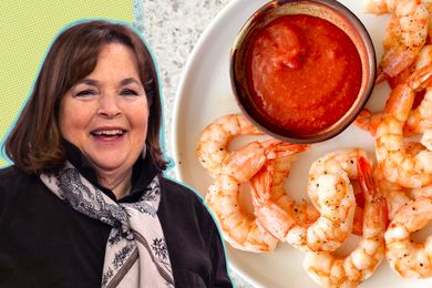 A split image of Ina Garten and a plate of shrimp with cocktail sauce