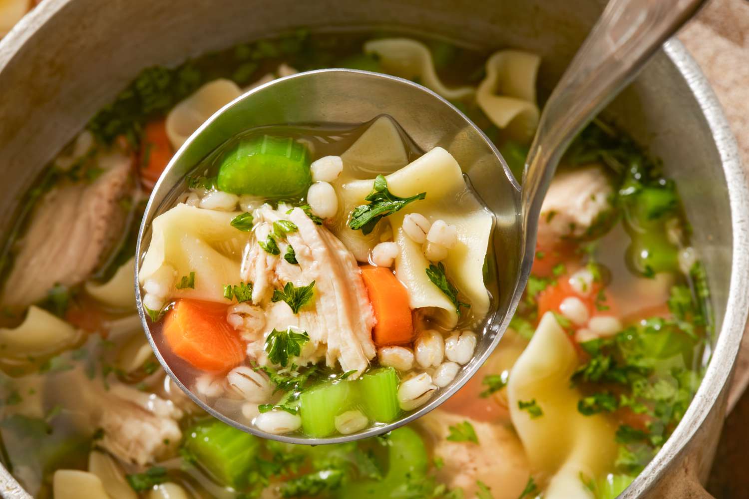Chicken and Barley, Vegetable Noodle Soup with Onions, Carrots, Celery and Saltine Crackers