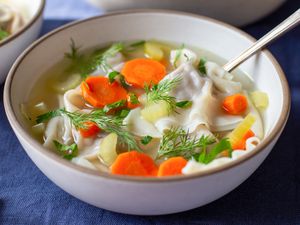 Easy beef kreplach in chicken broth with carrots and celery 